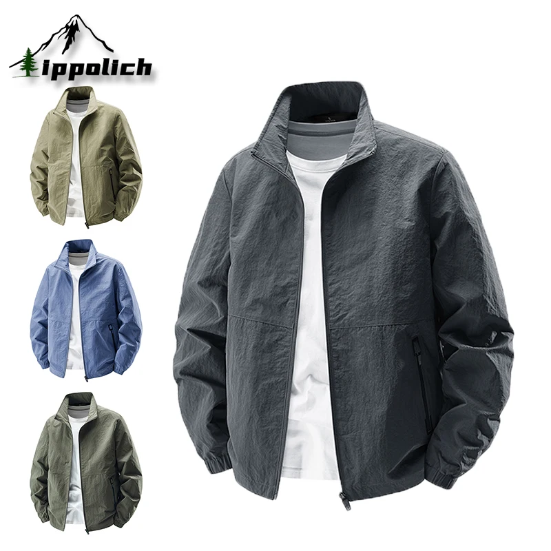 

IPPOLICH Spring Autumn Men Stand Collar Coat Street Middle-aged Elderly Solid Color Casual Jacket Outdoor Walking Windproof Coat