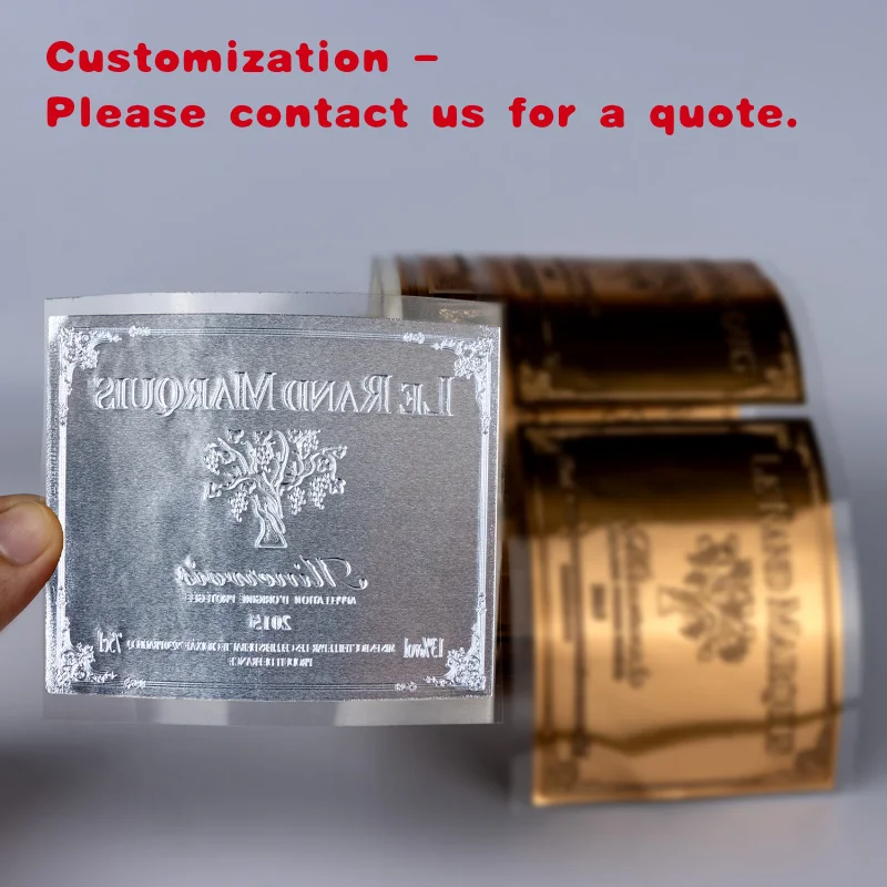 

custom.Custom Printing Self Adhesive Embossed Metal Stickers Red Wine Perfume Bottle Printed Aluminum Labels Packaging