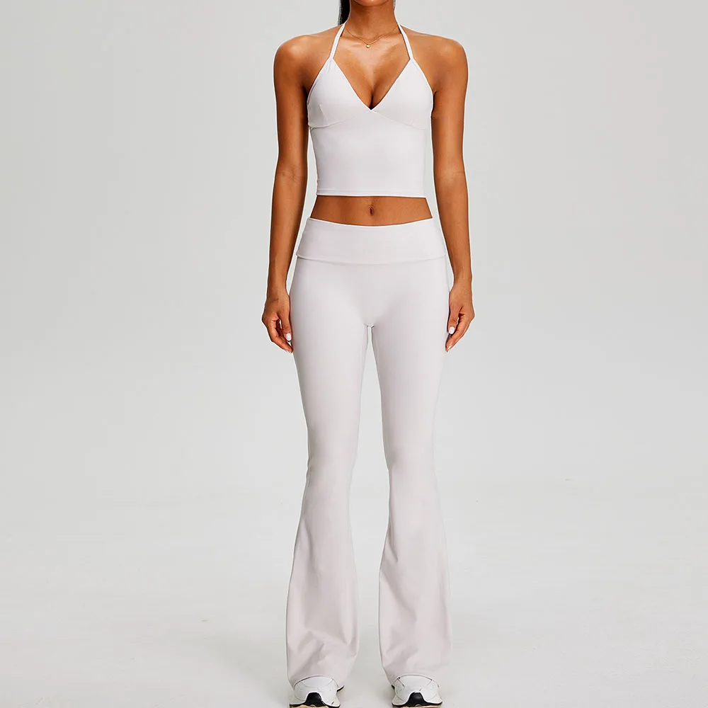 

Popular Summer New Sports Suit Halter Cami Top And High Waist Flared Pants Fashion Casual Yoga Workout Daily Outfit For Women