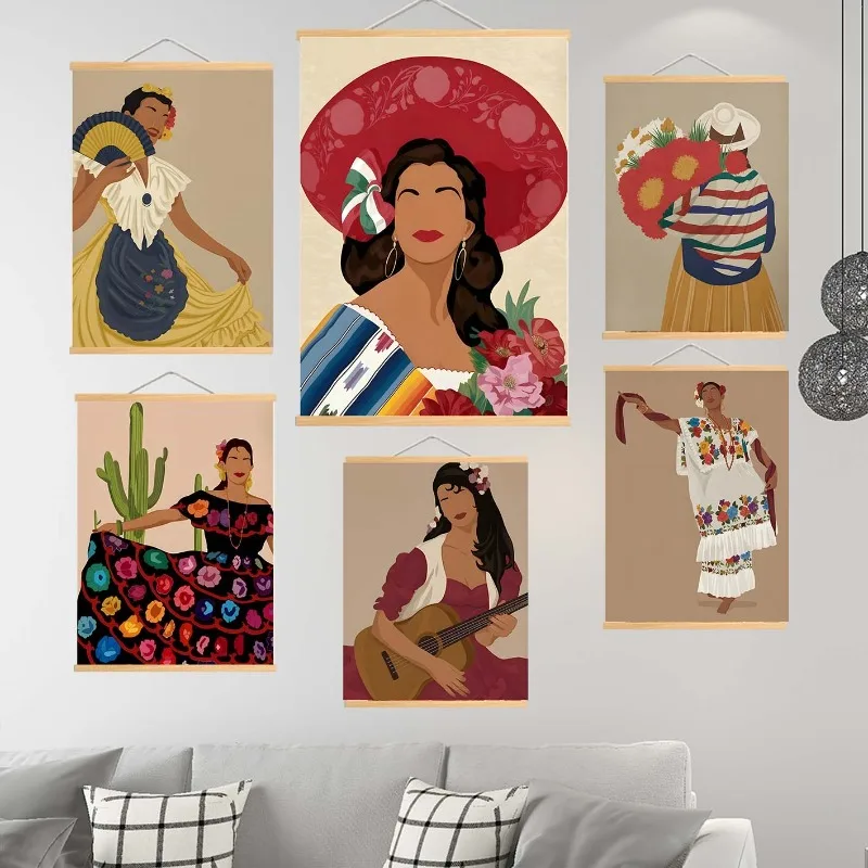 Mexican Woman Soild Wood Hanger Poster Dancing Girl Wall Art Canvas Painting Dancer Couple Prints Pictures Living Room Decor