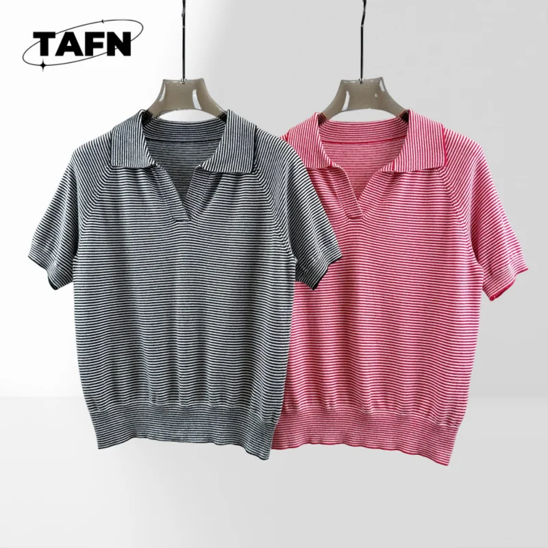 

Striped V Lapel Short Sleeve Wool Soft Pro Minimalist Design T-Shirt | Comfortable Cotton Tee | for Casual Fashion AF2731