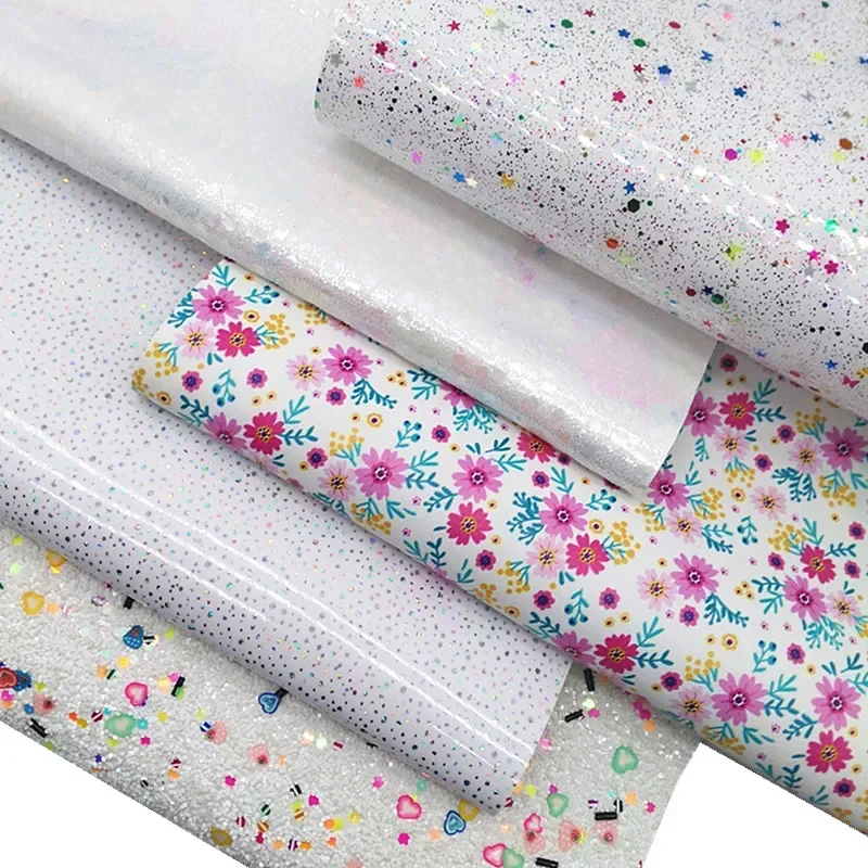 White Glitter Leather with Hearts Smooth TPU  Sheets Iridescent Patent Faux Fabric Flowers Vinyl For DIY 21x29CM Y461