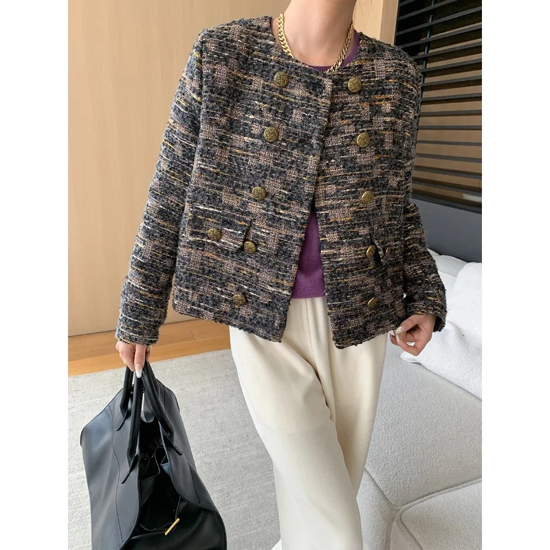 

Vintage Wine Autumn French Woven Tweed Jacket Women's Long Sleeve Casual Chic Simple Round Neck Office Small Fragrance Lady Coat