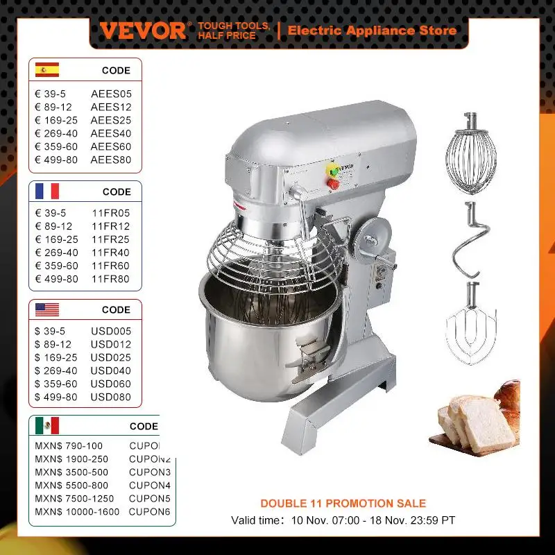 

VEVOR Commercial Food Mixer 10Qt 450W 3 Speeds Adjustable 110/178/390 RPM Heavy Duty 110V Stainless Steel Whisk Beater Premium