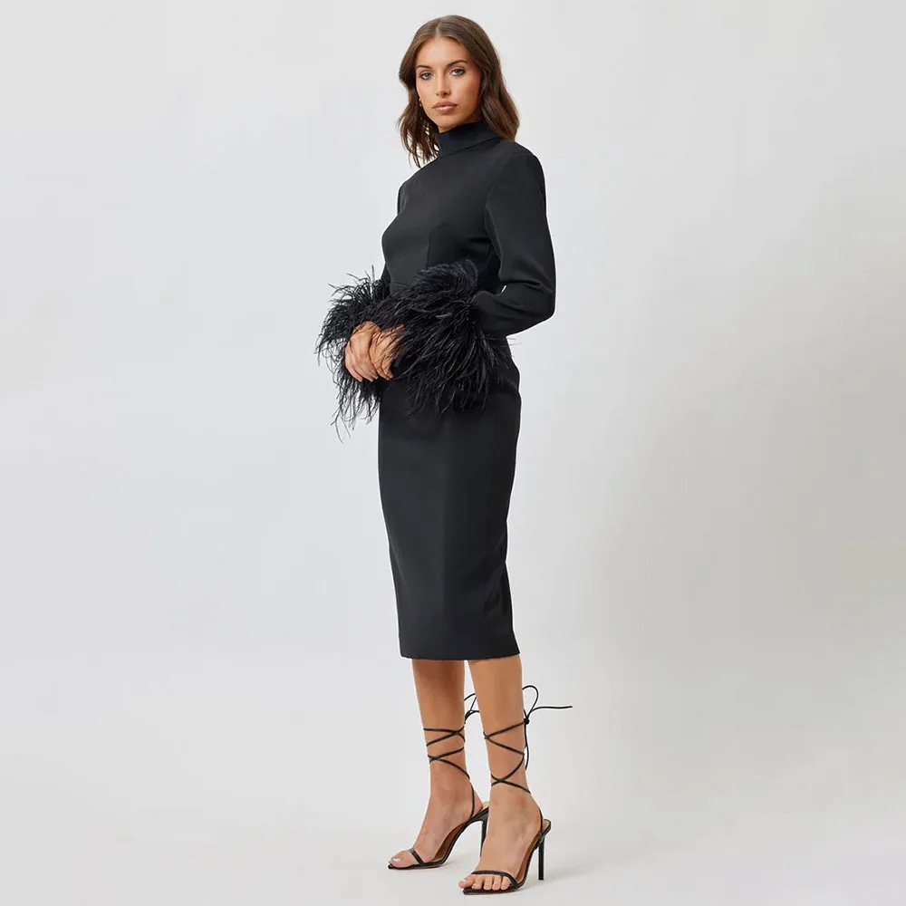 

Black Party Dresses Backless Feather Long Sleeves High Collar Cocktail Dress for Women Tea Length Sheath/Column Party Gown Midi