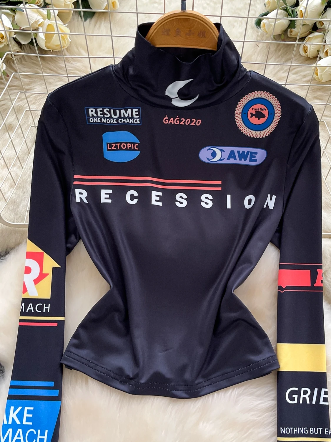 تي شيرت نسائي بقصة ضيقة وياقة عالية طويلة Sve تي شيرت نسائي مطبوع عليه قاعدة ort Sle irt للخريف وفقدان الوزن متعدد الاستخدامات... #2