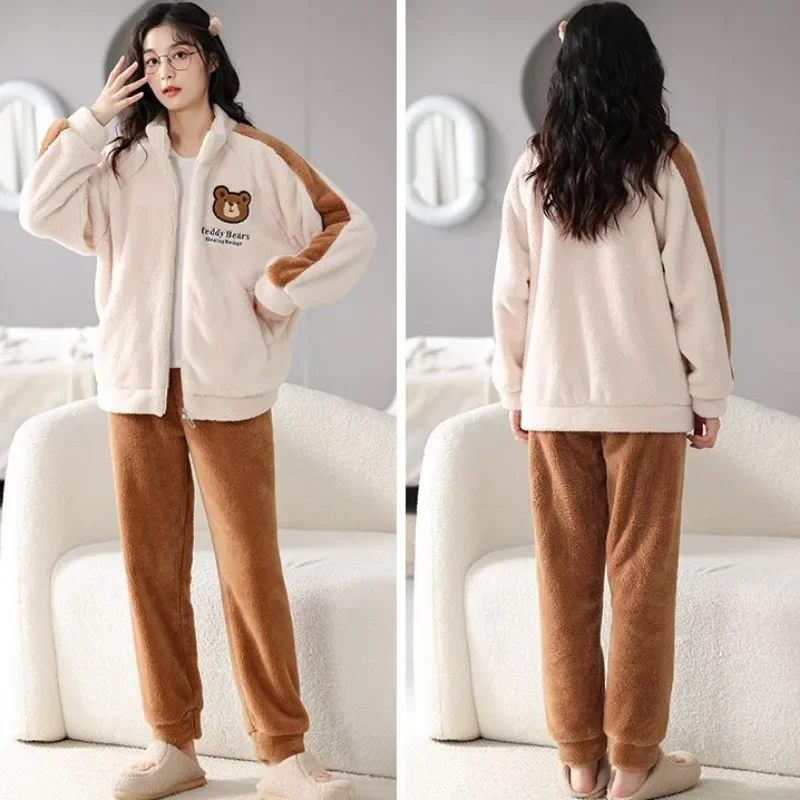 Conjunto de roupas femininas soltas de duas peças, loungewear de pelúcia coral, pijamas espessadas, desenhos animados, quente, outono, inverno, novo, 2022