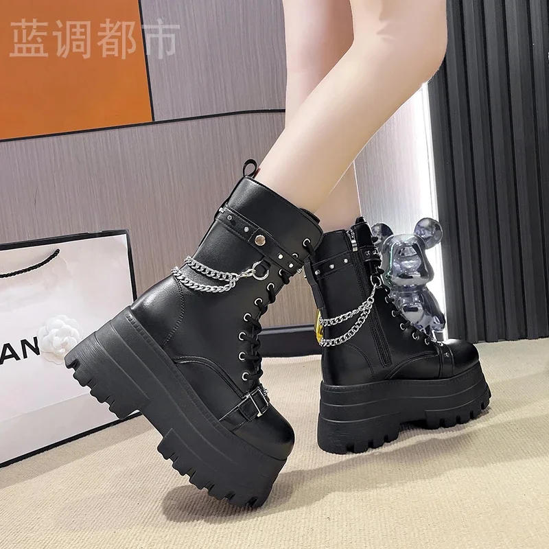 9.5cm plataforma alta botas góticas fivela outono inverno sapatos de couro punk rua cosplay meados de bezerro botas de corrente da motocicleta botas