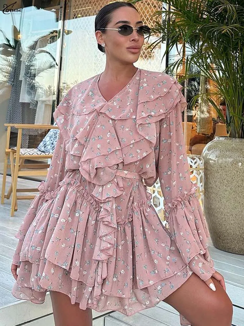 

Oymimi Fashion Pink Print Women's Dress Elegant V-Neck Puff Sleeve Ruffled Lace-Up Dresses Casual Pleated Mini Dress Streetwear