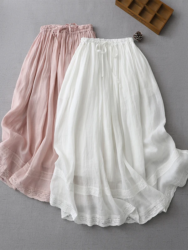 

Легкая хлопково-льняная макси-юбка женская с завышенной талией, А-силуэт, двухслойная, с кружевными вставками, в винтажном стиле, для повседневной носки