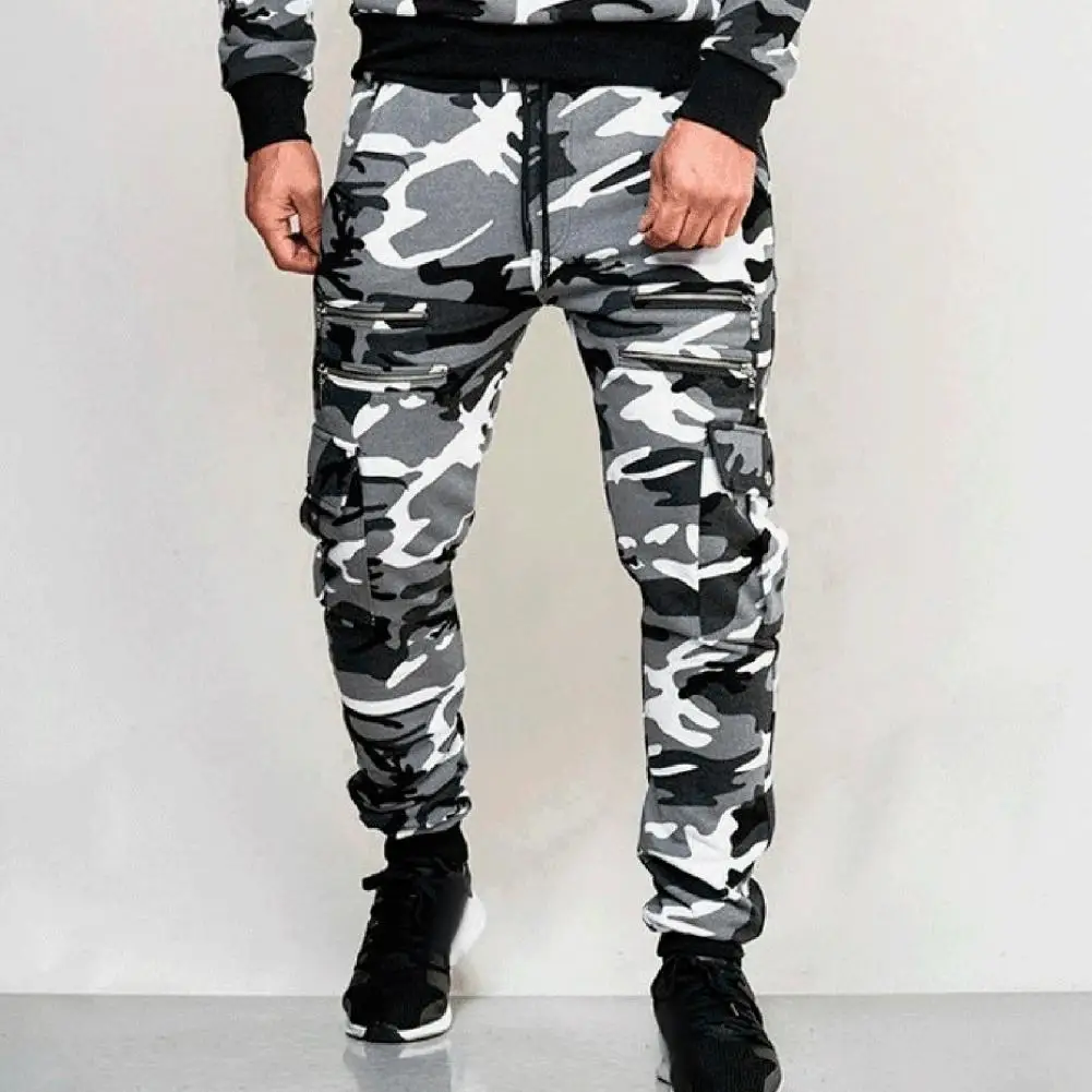 Men Cargo Pants Drawstring Elastic Waist Camouflage Print Multi Zippered Pockets Ankle-banded Slim Fit Casual Outdoor Trouser