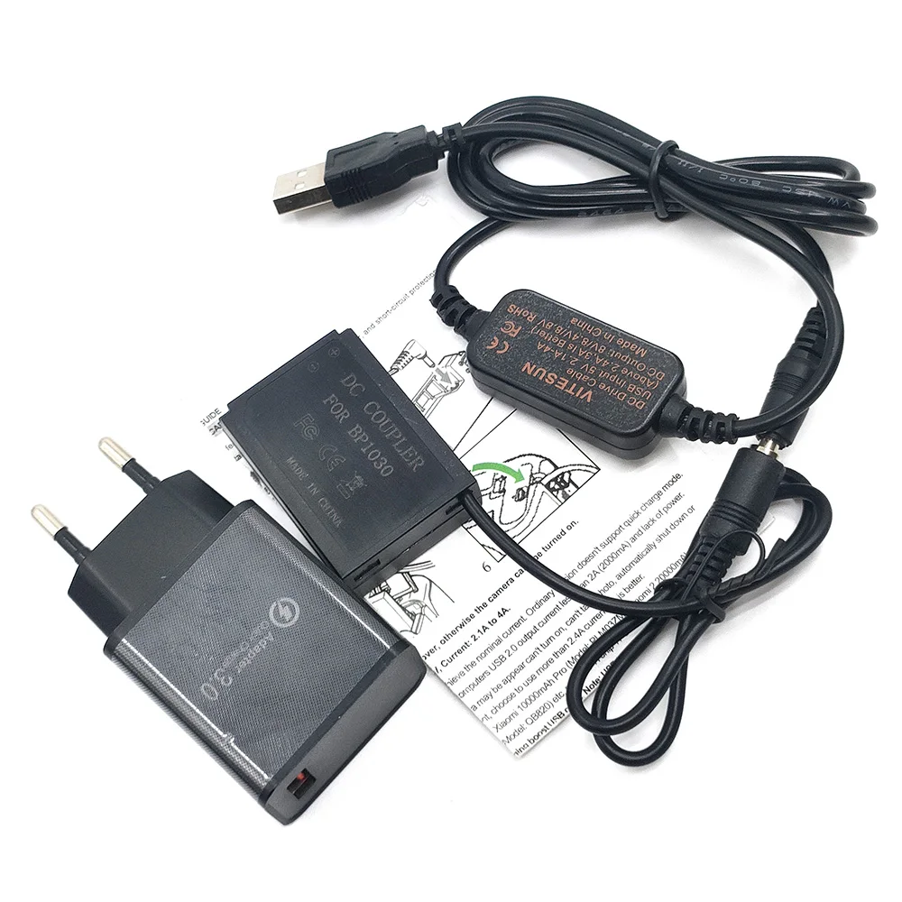 BP1030 Dummy Battery+QC 3.0 Quick Charger USB Power Adapter Cable For Samsung NX200 NX210 NX1000 NX300 NX2000 BP1130 Camera