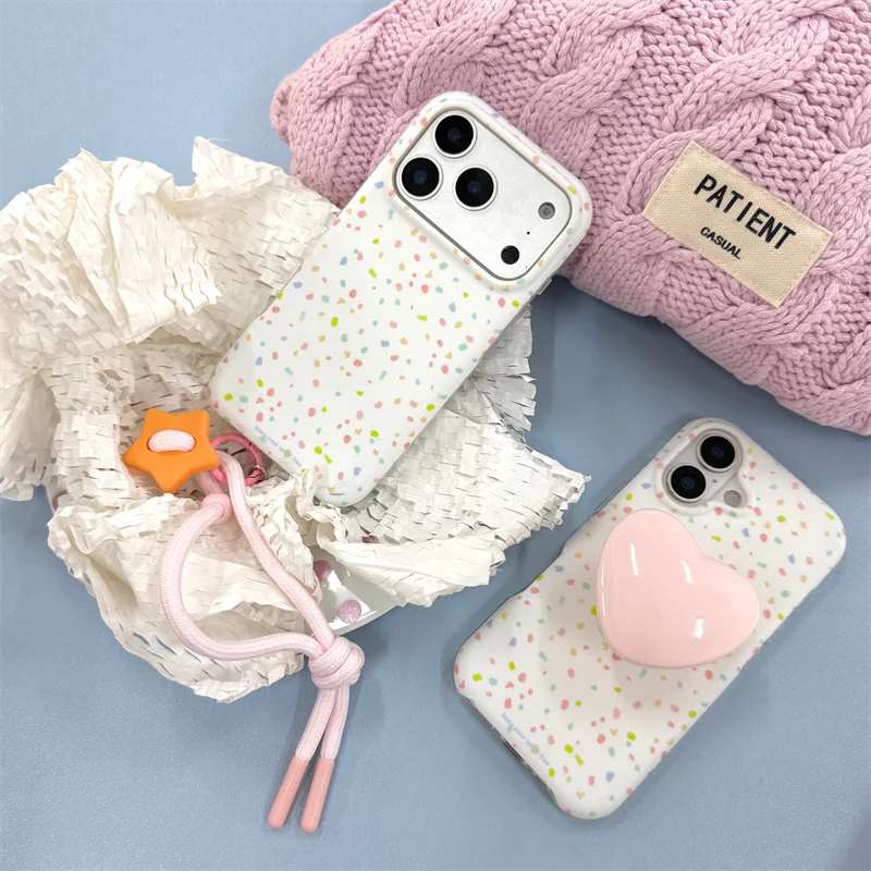 New Colorful Confetti Speckle Phone Case For iPhone 15 16 17 Pro Max Pink Star Wrist Lanyard Sweet Girly Shockproof Cover