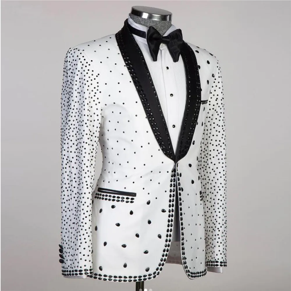 Luxury Crystals Beading Man Suits Black Lapel Diamond Prom Blazer Tailored Made Groom Wear Tuxedo Formal Party Men's Clothes 2pc