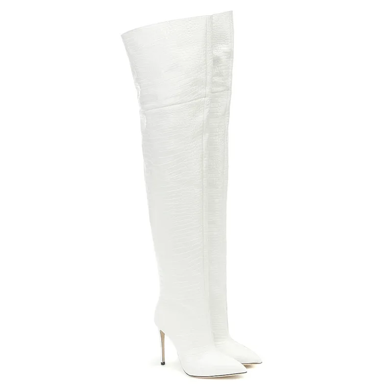 Crocodile Leather White Thigh High Boots Thin Heel Crotch Zip Over Knee High Boots Autumn Shoe Fashion Motorcycle Booties Women