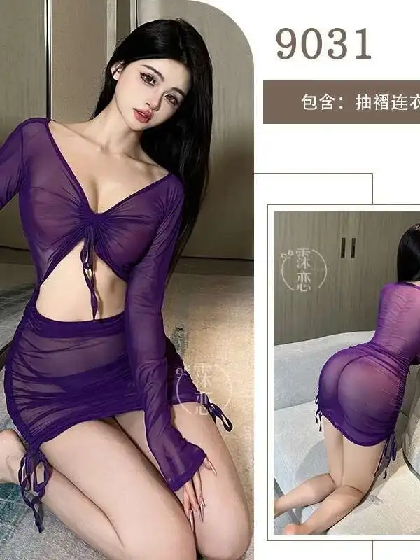 セクシーな薄手の長袖ラップ尻ドレスエレガントなパープルディープ V ネック中空スリム外観薄いスパイシーな女の子の衣装 J1CH