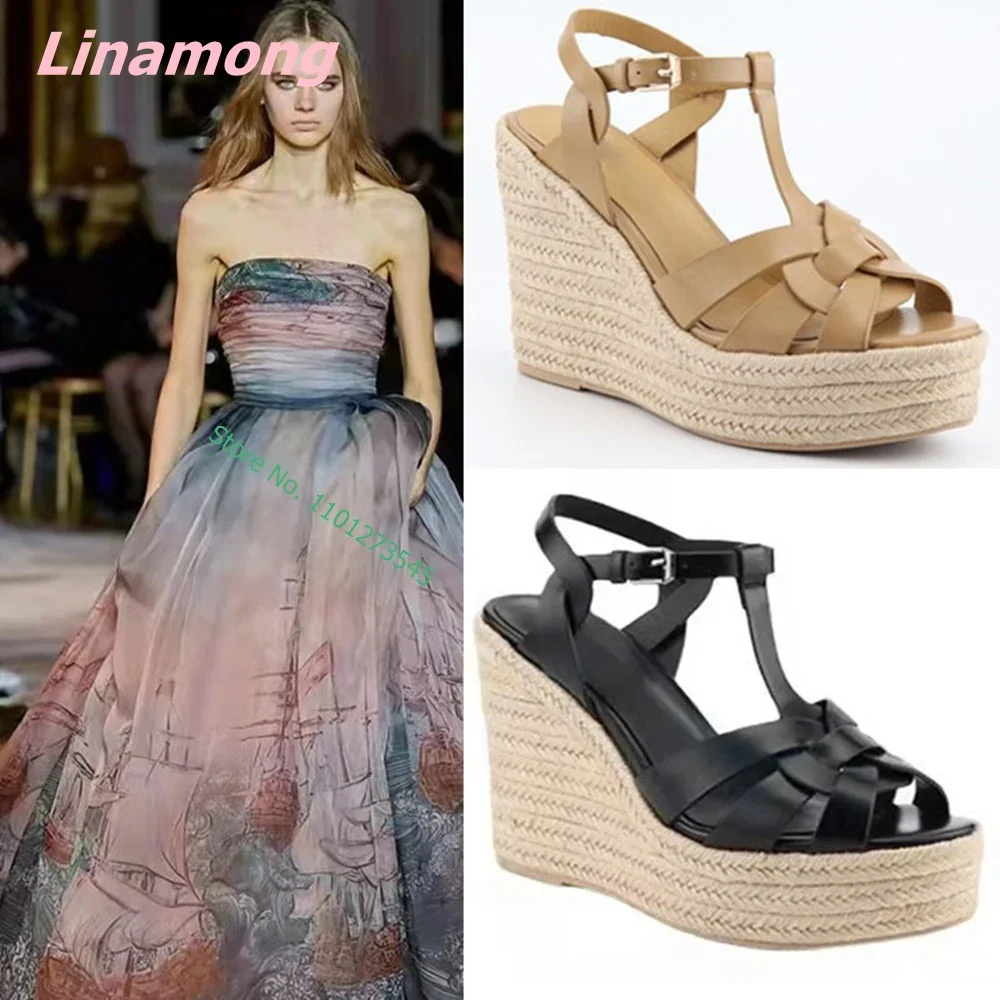 

2024 Summer New Peep Toe Women Sandals Platform Wedges High Heel Hollow Solid Woven Retro Leather Ankle Buckle Casual Shoes