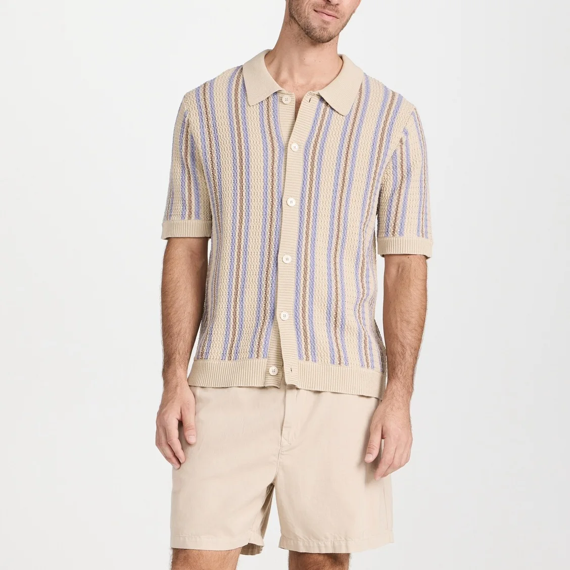 الصيف الأمريكي موضة جديدة الرجال بدوره إلى أسفل طوق قصيرة الأكمام متعدد الألوان مخطط محبوك جوفاء خارج القمصان الذكور الملابس #3