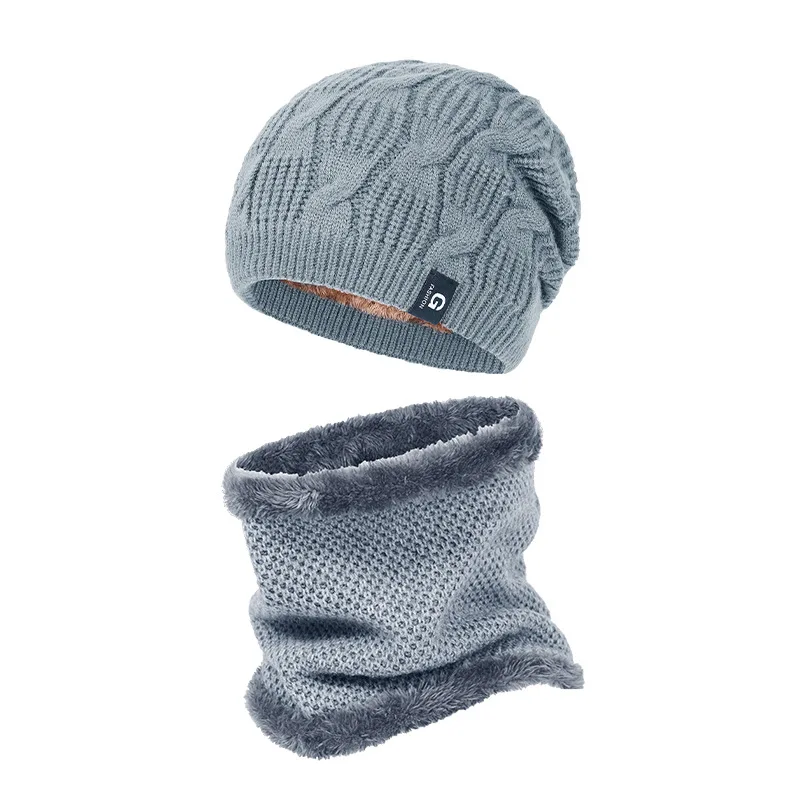 Cachecol de malha para homens e mulheres, terno espesso, proteção de orelha, lenço de veludo, gorro quente, outono, inverno, 2 peças