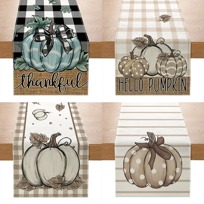 2pcs Neutral Pumpkin Buffalo Plaid Table Runner Heat Resistant Non Slip Fall Thanksgiving Harvest Dining Table Home Decor