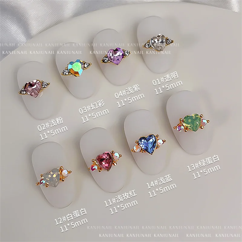 10pcs 3D Nail Art Alloy Rhinestone Heart Ring Diamond Glass Charms Luxury Zircon Aurora Stone Ring Shape For Manicure Jewelry ##