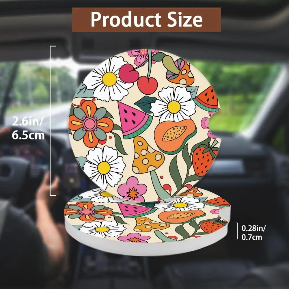 2Pcs Car Cup Holder Coaster Fruits Flower Ceramic Car Coasters Universal Anti Slip Insert Coaster with A Finger Notch Fashion