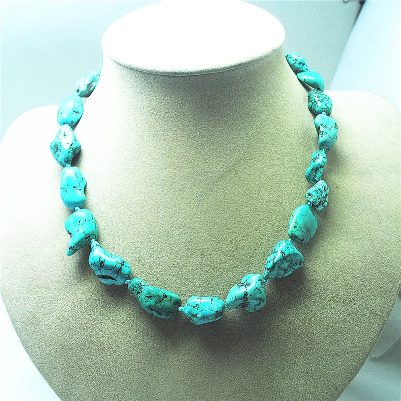 1PC MEN NECKLACE NATURAL BLUE TURQOUISE STONE KNOTTED WIRE FOR POWFUL JEWLERY 10-15MM