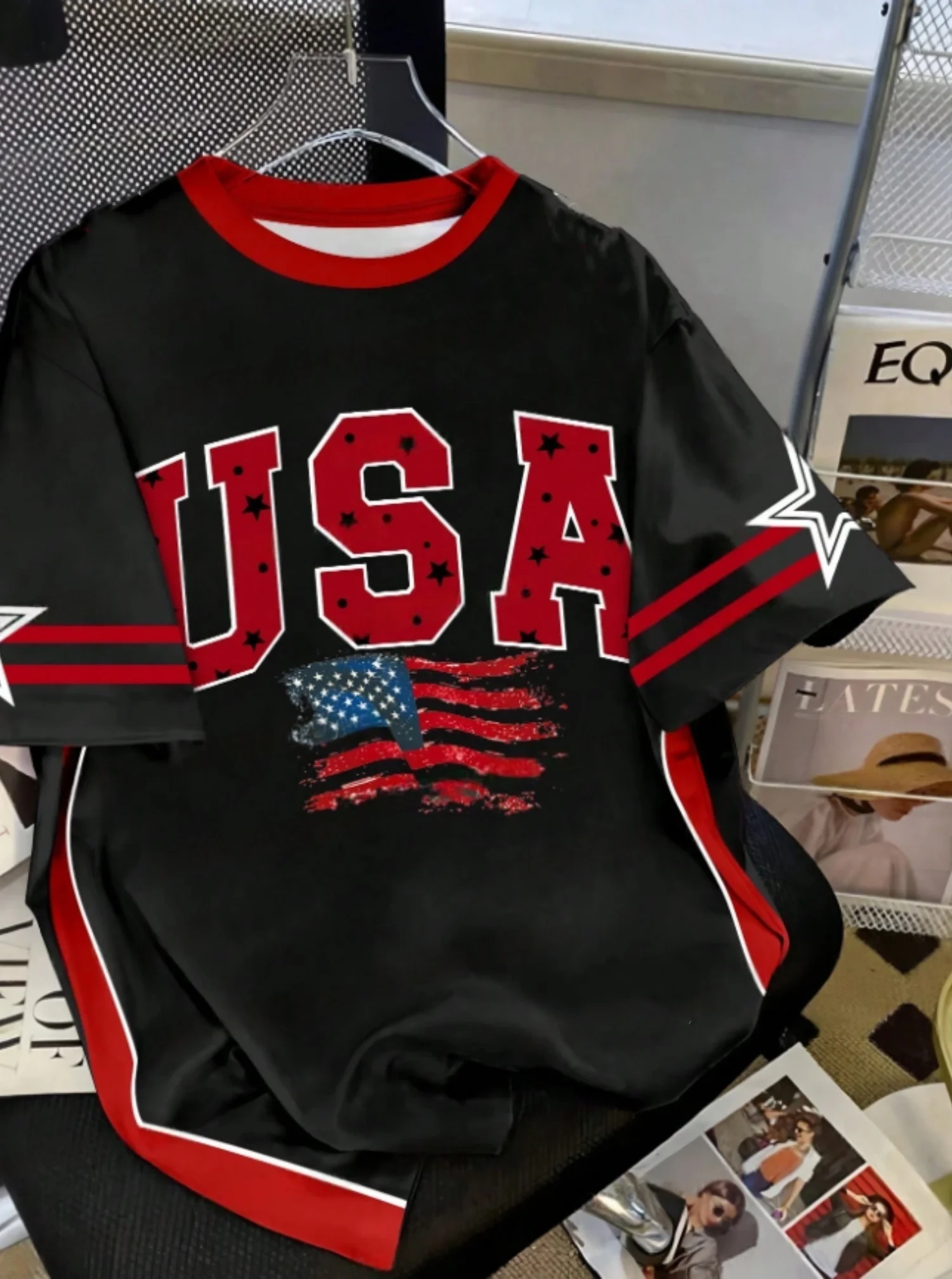 Fashion USA Flag Print O-Neck Women Short Sleeve T-Shirt Summer Casual Tops Tee Lightweight Sport Daily Oversized Sport T-Shirt