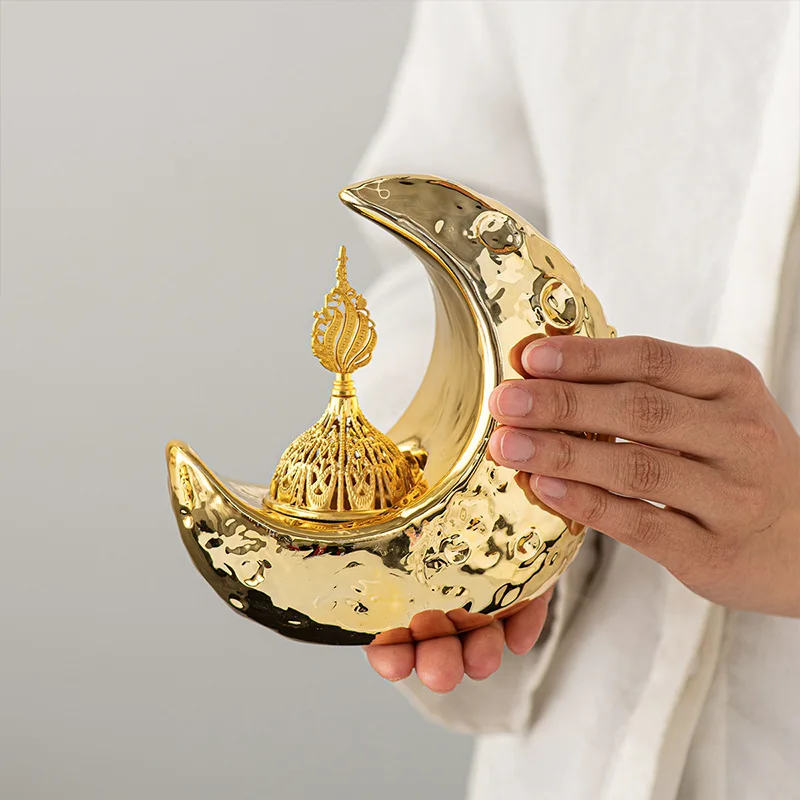 Moon Ceramic Handheld Incense Burner, European Light Luxury Decor, Middle Eastern Arab Aroma Furnish Ornament