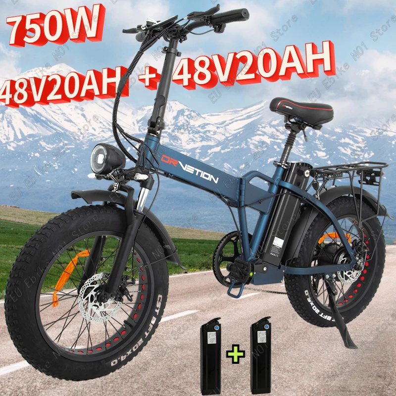 Electric Bike 750W Motor 48V40AH Dual Battery 20*4.0 Fat Tire Electric Bicycle with Basket Adult Mountain Snow Folding E Bike