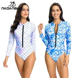 Nadanbao Sexy Swimwear Women Digital Printing Long Sleeve Zipper Swimsuit Female Summer Fashion Bodysuit Surfing Beachwear