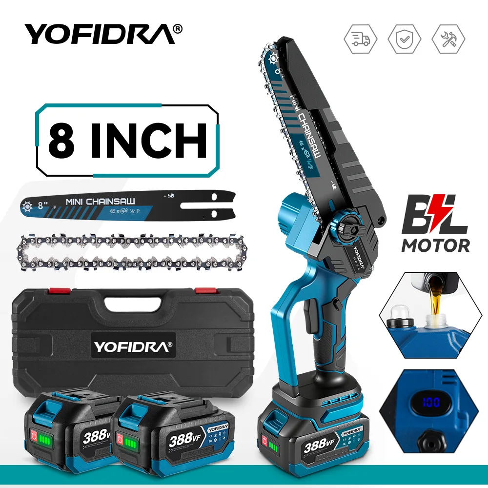 Scie à chaîne électrique sans fil YOFIDRA, 8 pouces, pour travaux de menuiserie, jardinage et élagage, compatible avec les batteries Makita 21V.