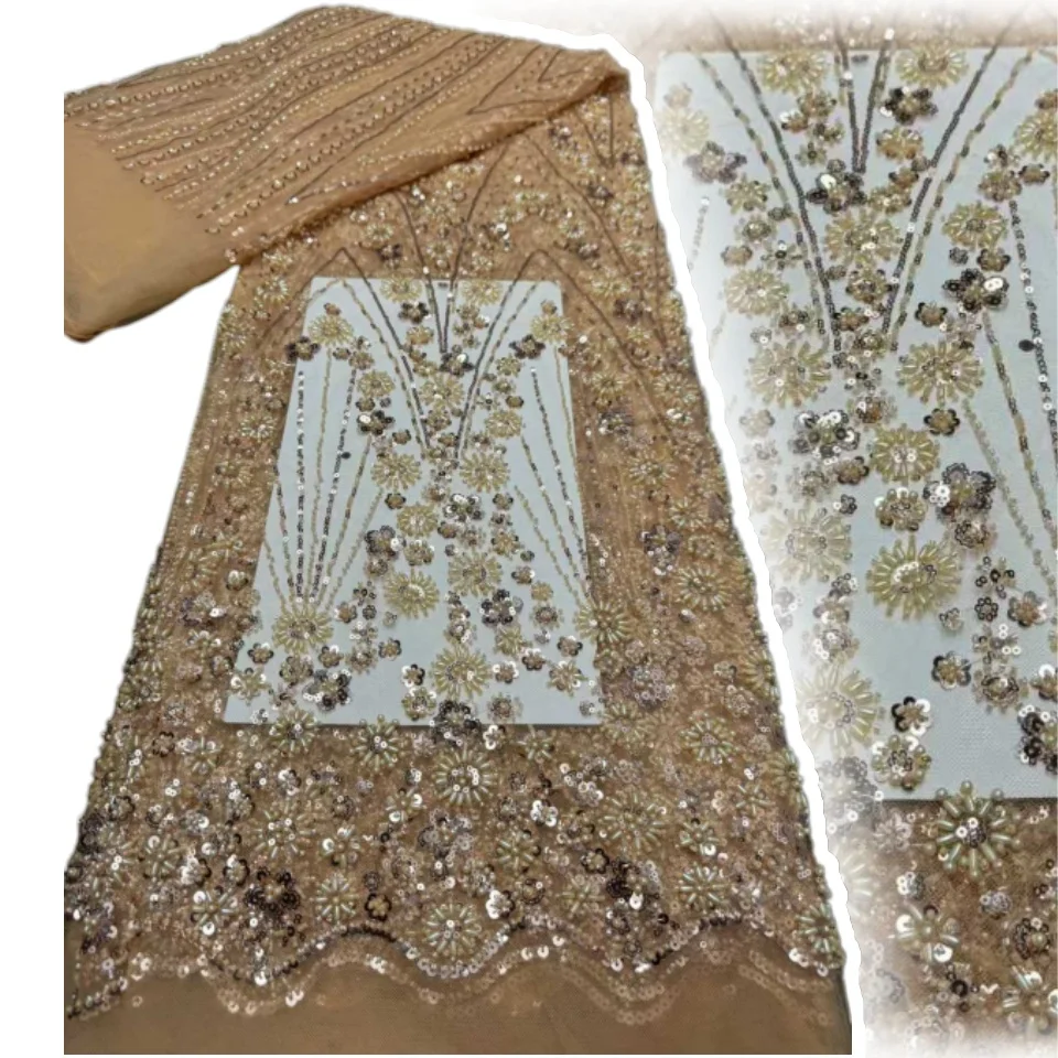 

Роскошная африканская ткань с бисером и пайетками, французское нигерийское сетчатое кружево, подходит для пошива свадебных и праздничных платьев, 5 ярдов, 2380