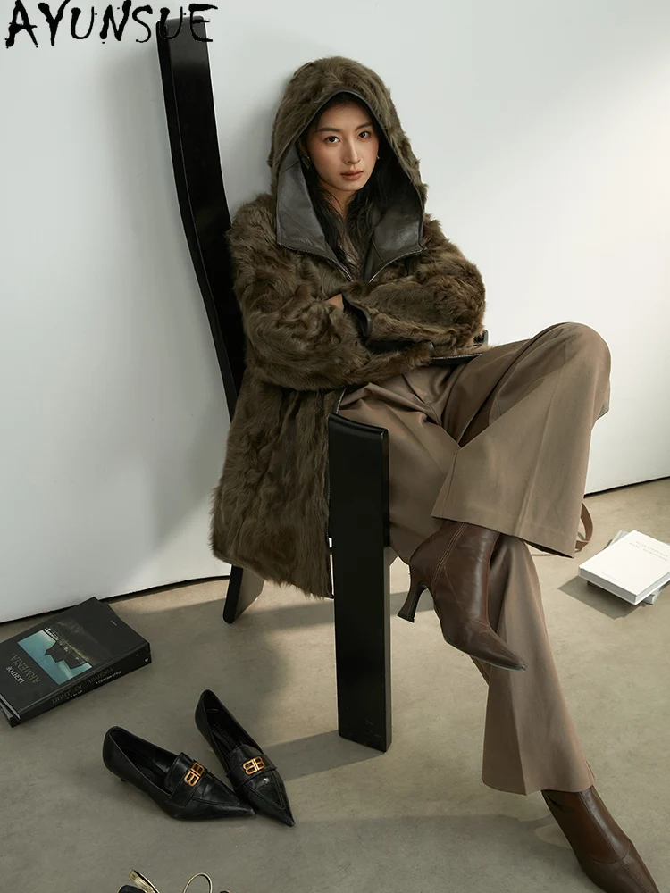 AYUNSUE سترة جلدية حقيقية للنساء معطف فرو من جلد الغنم الطبيعي ملابس شتوية دافئة للسيدات 2025 هوديي شوبانا Жenca فضفاضة تناسب #3