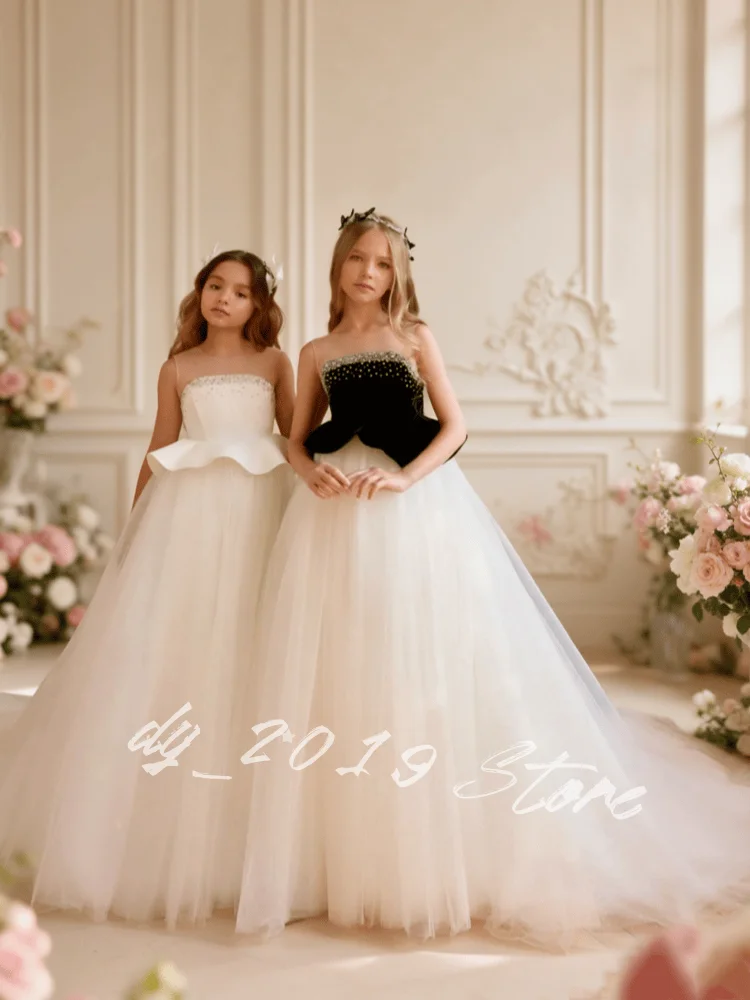 Luxury Customized Flower Girl DressSheer Strap Beaded Tulle Princess Ballgown for Kids,Wedding Pageant Formal Photoshoot