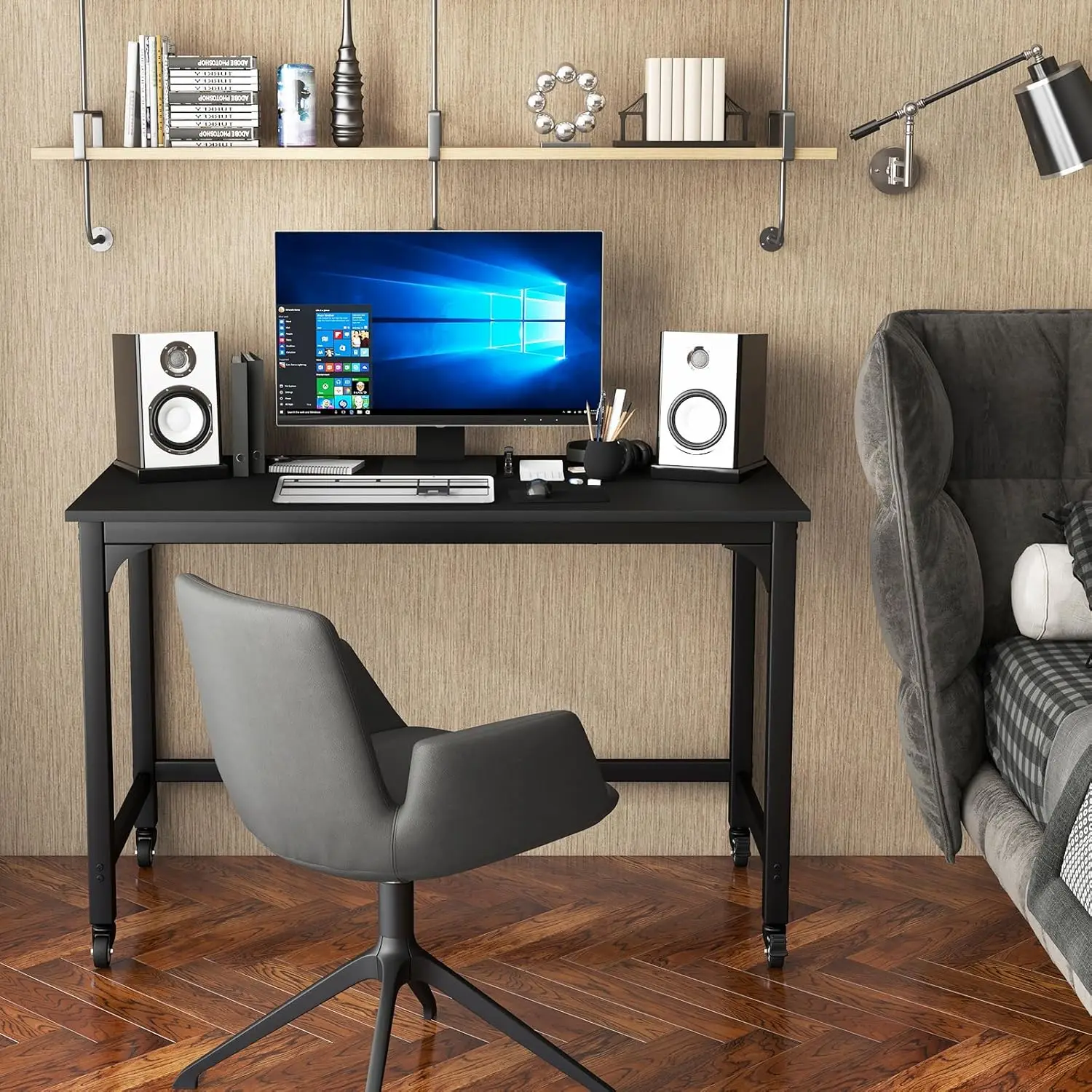 48' Mobile Computer Desk, Rolling Laptop Table with Lockable Wheels, Metal Frame, Black