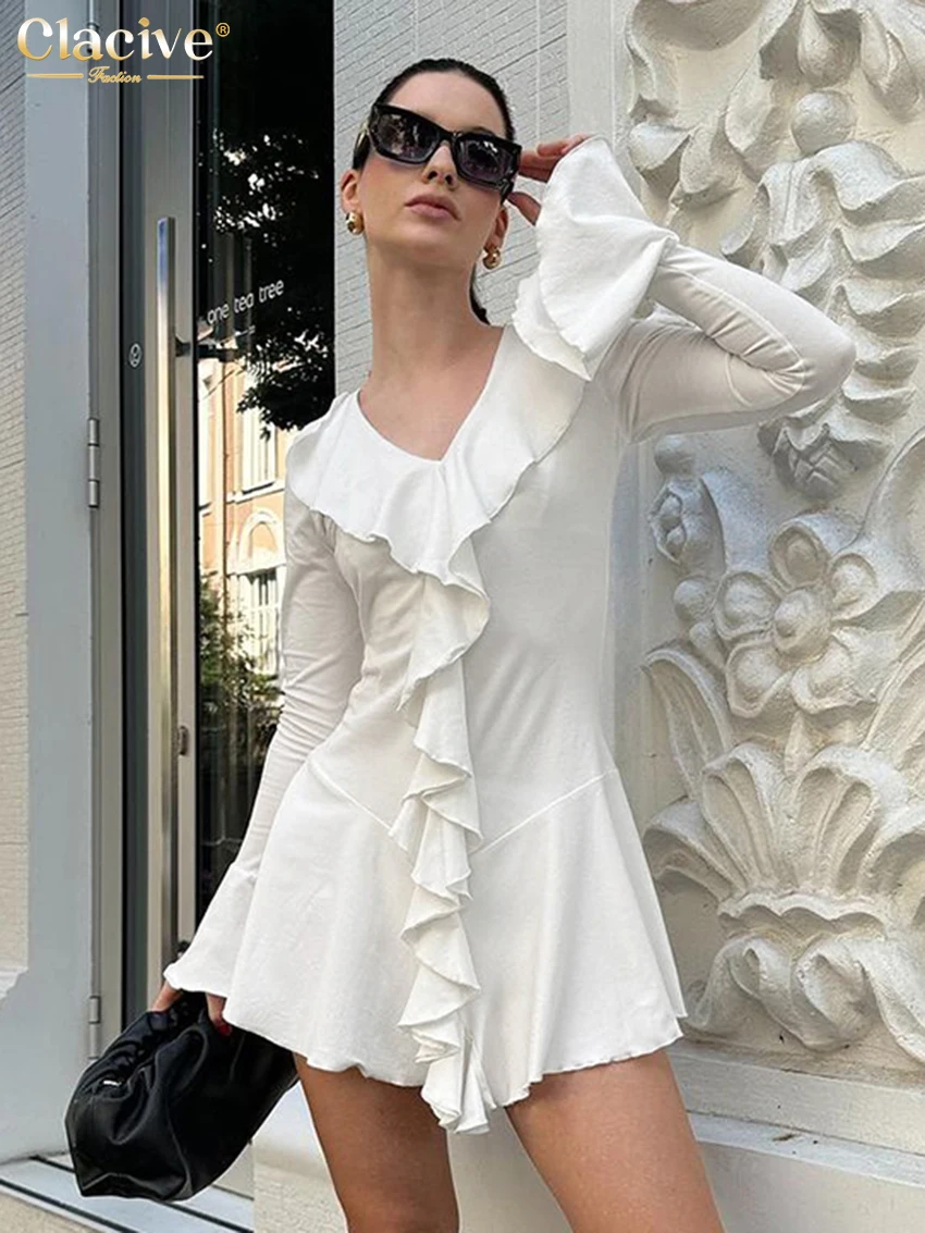 

Clacive Fashion Slim White Knitted Women Dress 2025 Bodycon V-Neck Long Sleeve Mini Dresses Elegant Classic Ruffle Female Dress