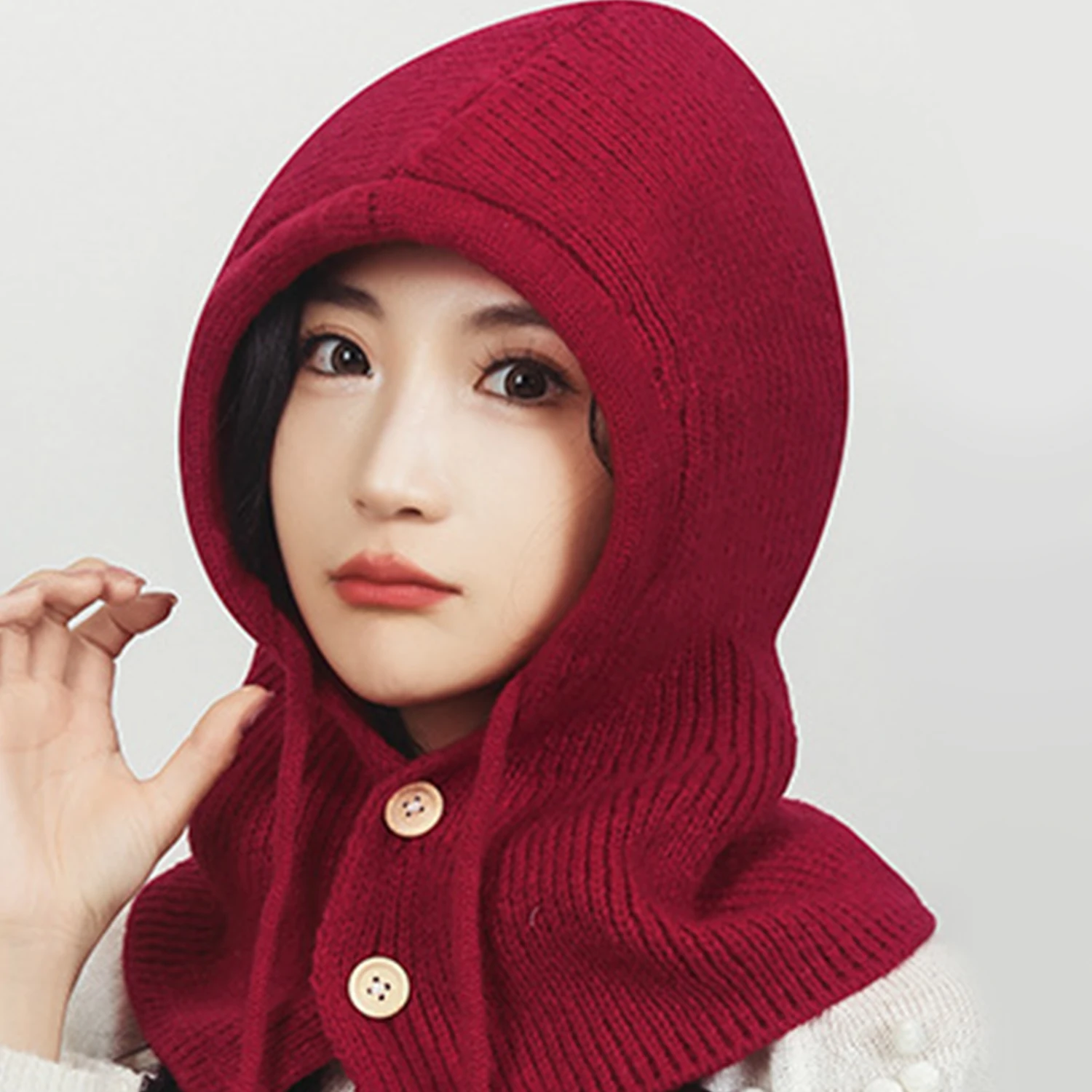 Women Windproof Hooded Scarf Hats Unisex Skullies Knitted Pullover Scarf Caps Drawstring Winter Warm Hat Beanie Neck Collar