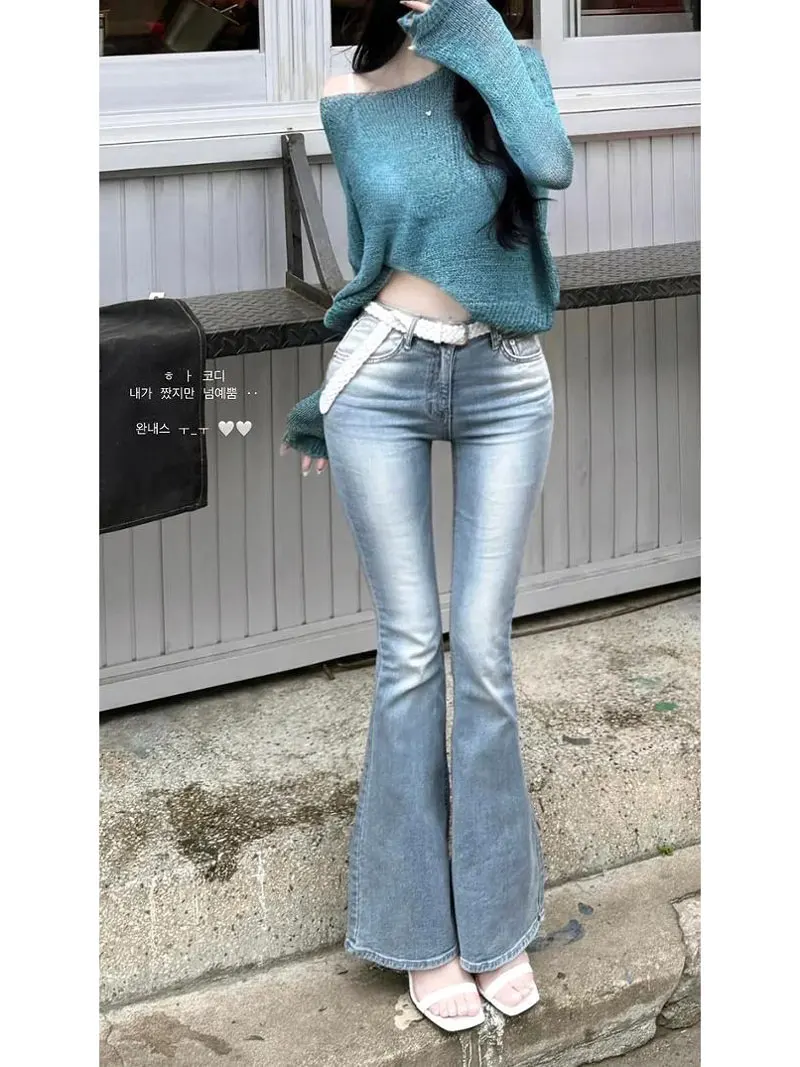 Sand Blast Washed Korean Fahion Internet Celebrity Hot Sell Jeans Low Waist Flare Jeans Cotton Elastic Denim Pants Women