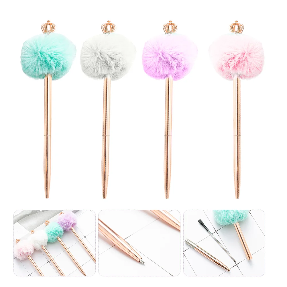 

4 Pcs Crown Hair Ball Pen Student Used Pompom Sign for Students Business Point Pens Fuzzy Ball-Point Decor Ballpoint Small