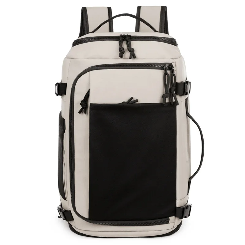 Tan Multi Pocket Outdoor Backpack with Black Accents Adjustable Straps Water Resistant Fabric Suitable for Travel Camping