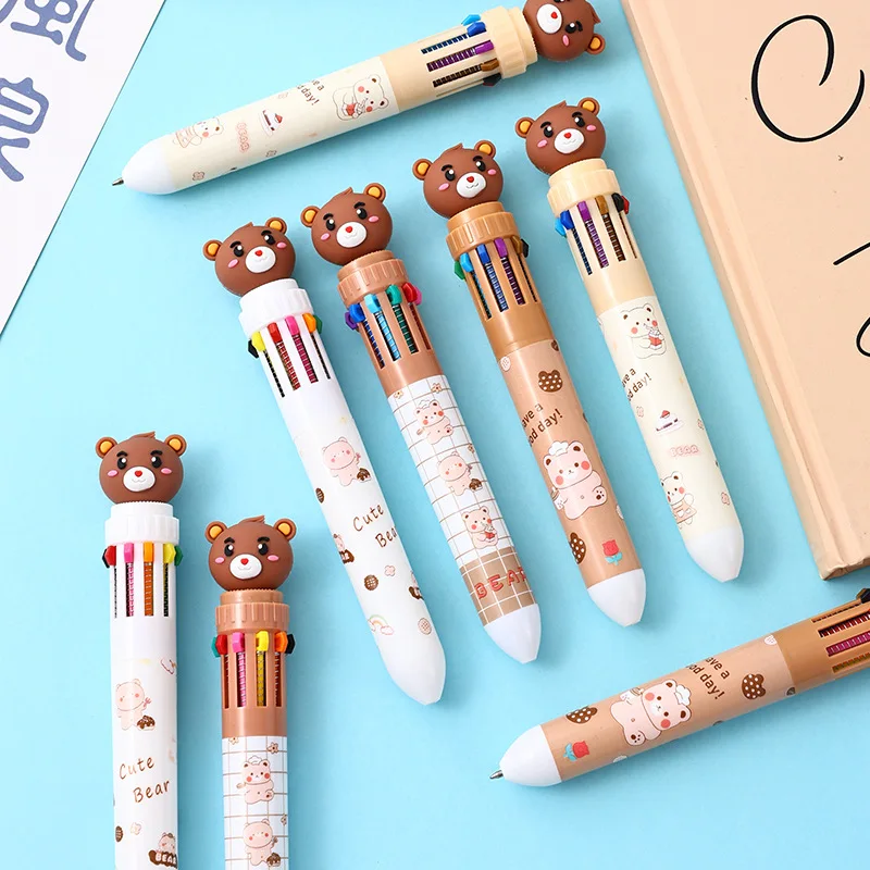 10Pcs/Lot Cute Cartoon Bear 10 Colors Ballpoint Pen Kawaii Stationery Student Writing Tools Colorful Press Ten Color Bear Pens