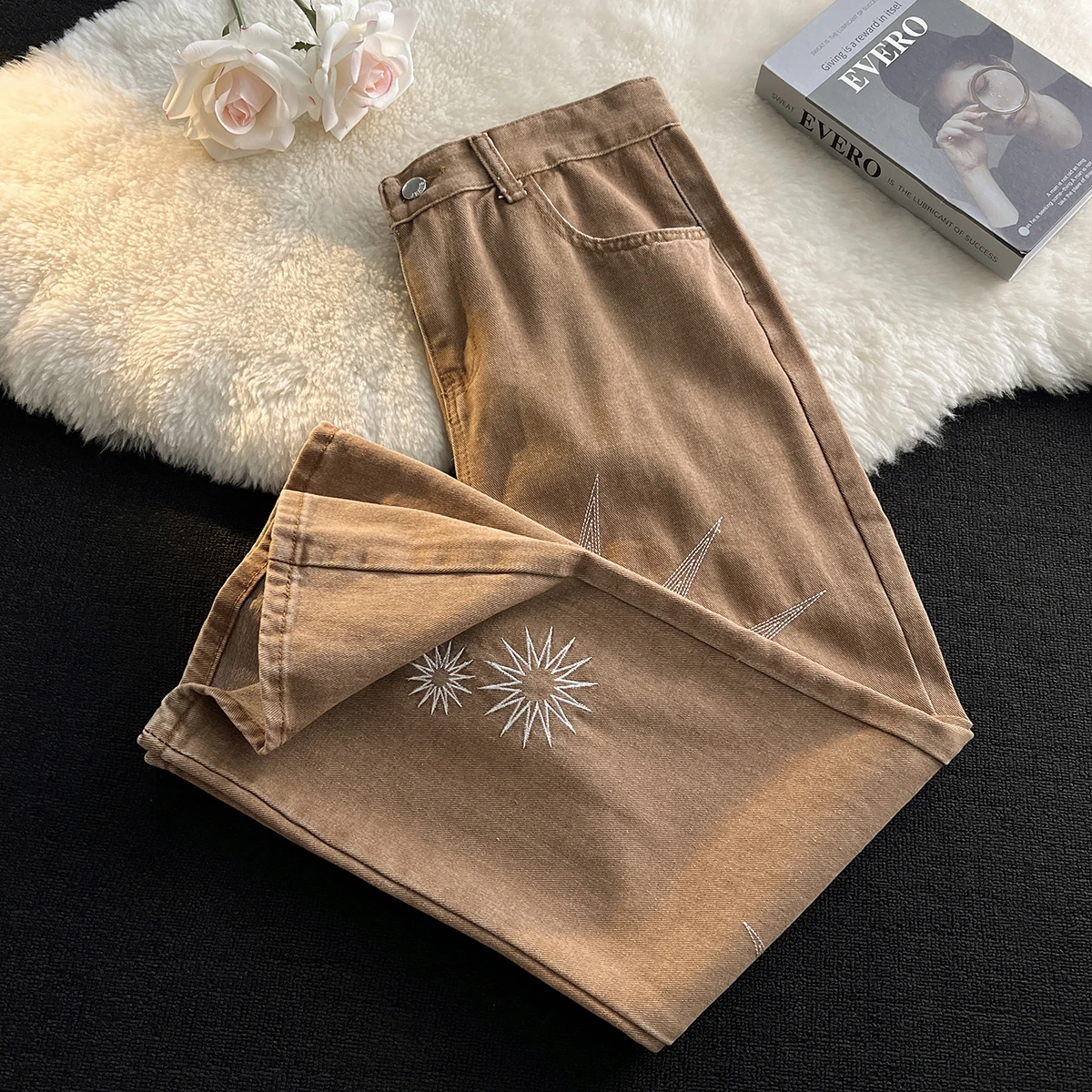 

Browan Star Embroidery Loose Fit Straight Leg Men's Jeans Trendy High Street Casual Long Trousers Autumn Winter Faion