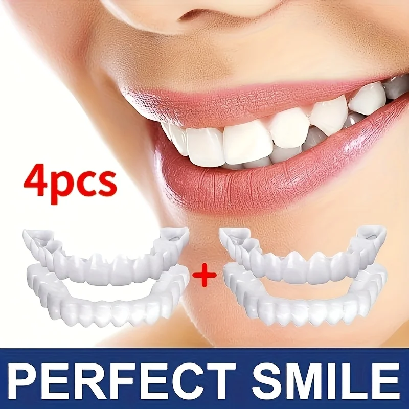 4 pieces of white dentures - adjustable upper and lower dentures for men and women, comfortable fit and natural smile