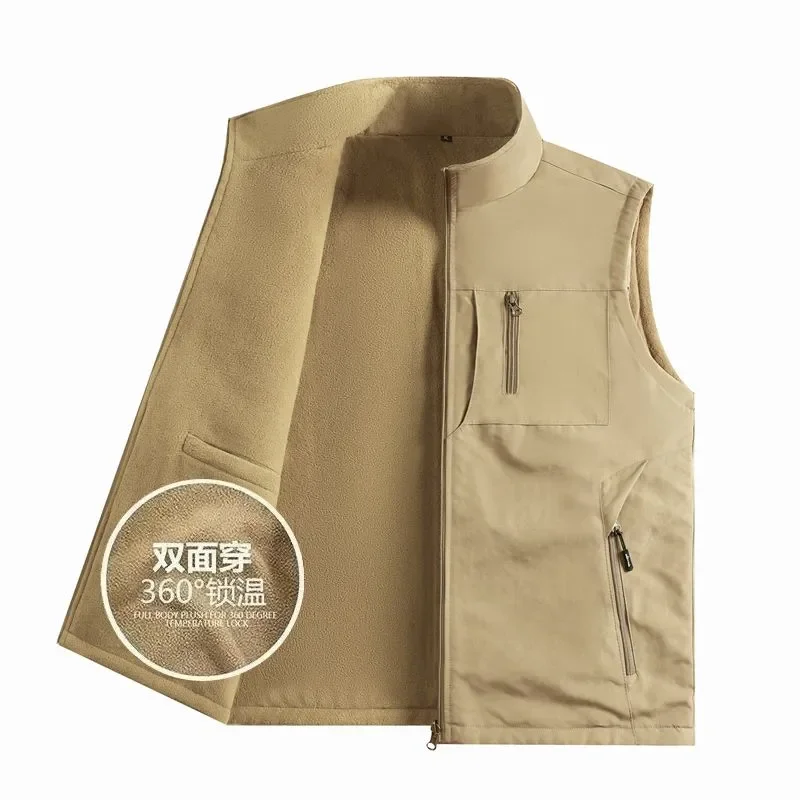 Men Reversible Fleece Lined Vest Multi Pocket Workwear Warm Sleeveless Jacket For Middle Aged Dad