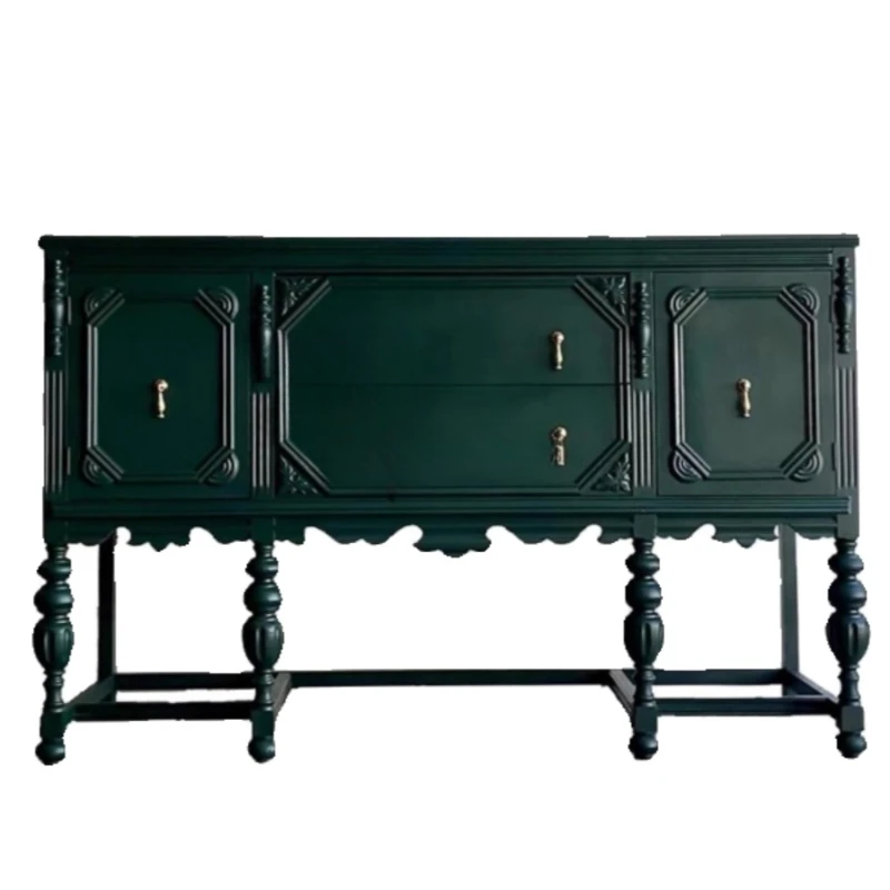 

French Retro Solid Wood Entrance Cabinet Villa Living Room Decoration Dark Green Carved Sideboard Cabinet