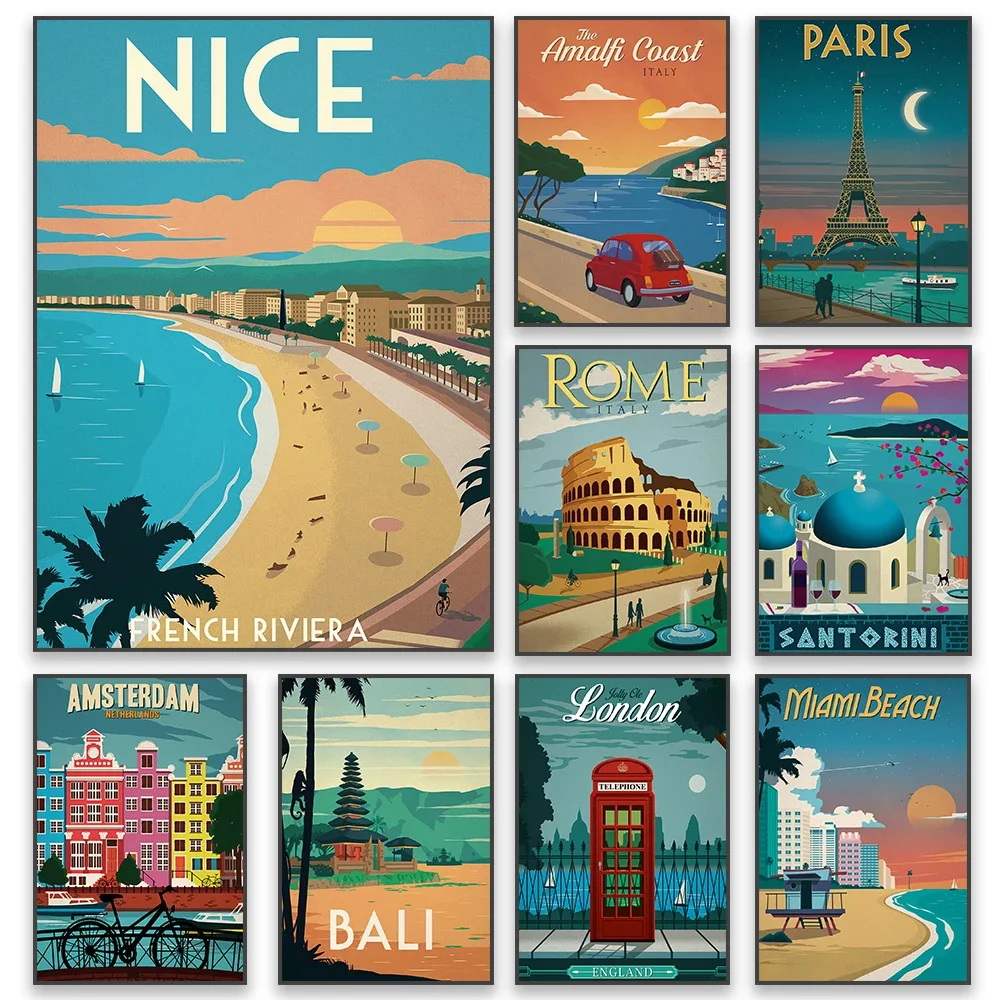 1pc frameless Canvas Painting Europe Nice Paris Moonlight Travel Art Poster Amsterdam Lisbon Print Cartoon Illustration Canvas P