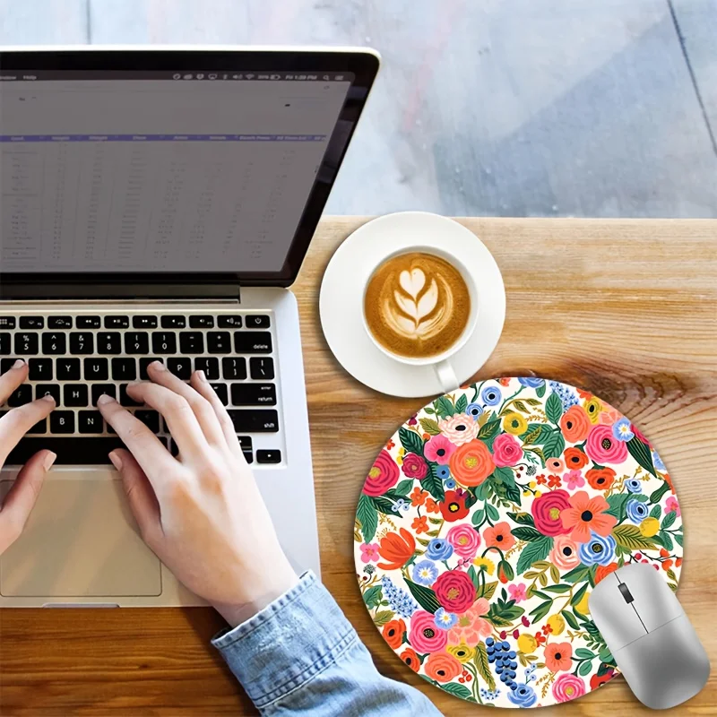 Boho Colorful Flowers Round Mouse Pad Small Desk Mat with Non-Slip Rubbe for School Home Mouse Mat Computer Laptop Keyboard Pad