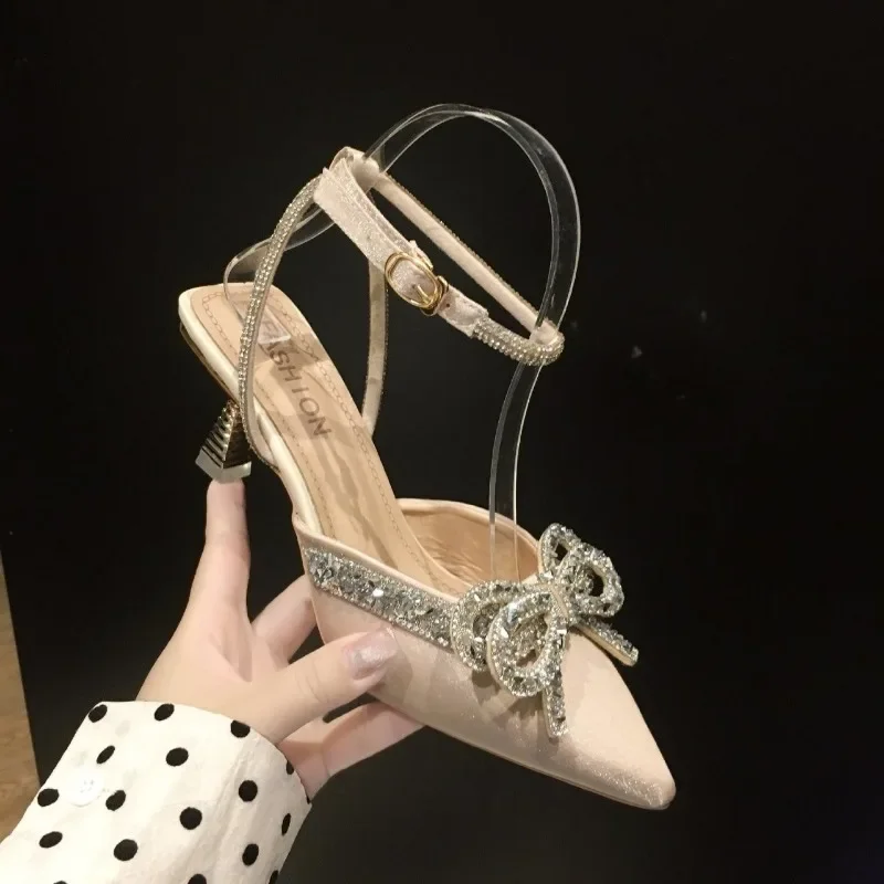 Sandals Women 2024 Summer New Fashion Pointed Toed High Heel Shoes for Women Crystal Buckle Strap Sandals Female Zapatos Mujer