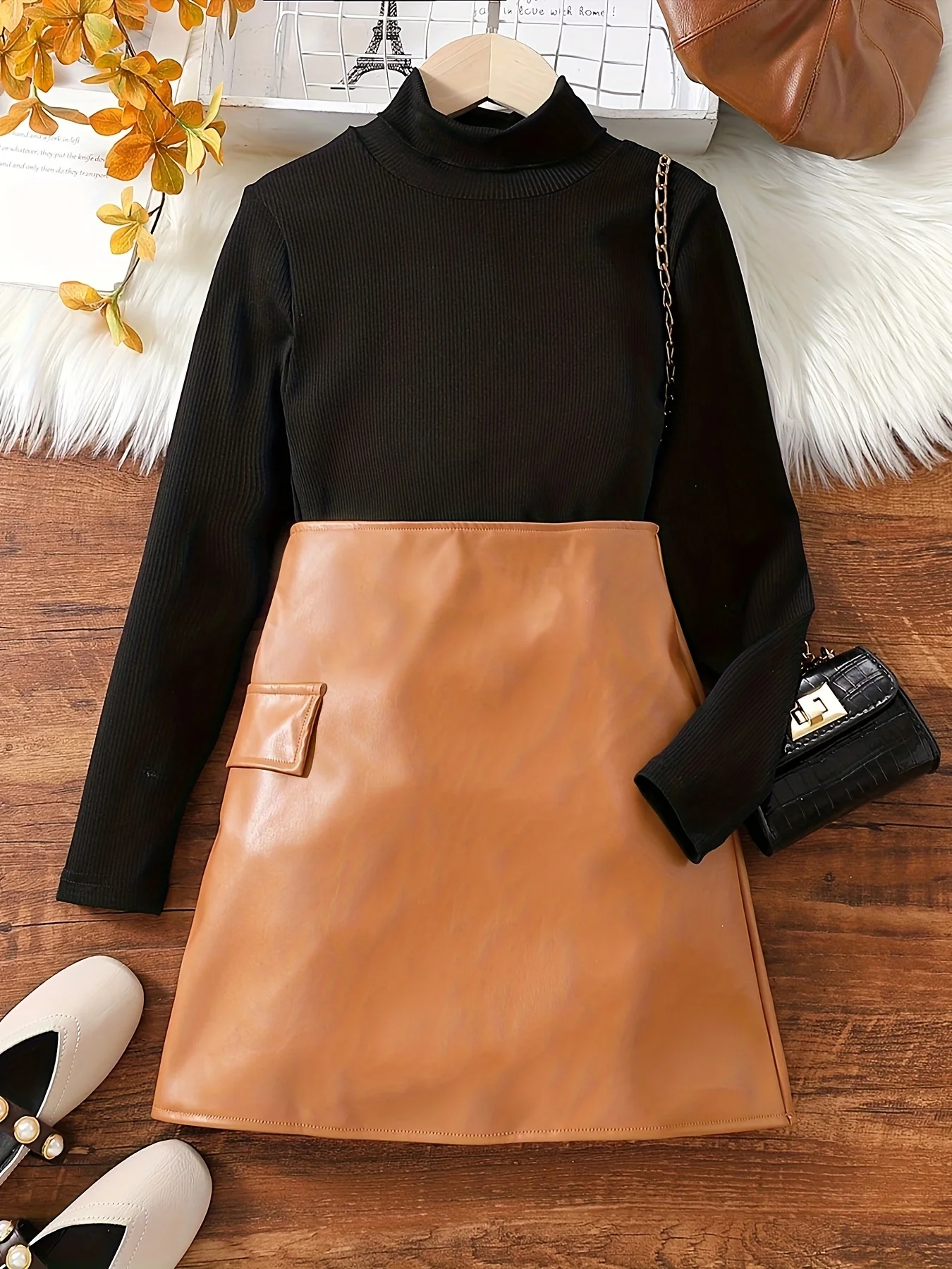 

Повседневный черный топ для девочек, коричневая кожаная юбка, комплект из двух предметов, детская одежда для детей, удобный комплект одежды